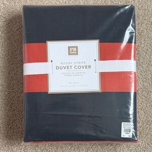 Pottery Barn Teen Navy and Orange Rugby Stripe Duvet Cover-Full/Queen w/2 cases